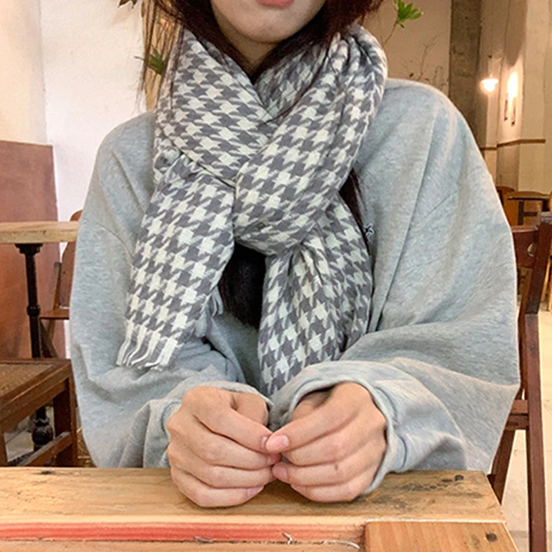 The New Autumn And Winter Thousand -Bird Lattice Scarf Female Korean Version Thickened Warm And Warm Versatile Lattice Knitting