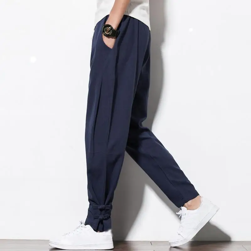 Chinese Style Linen Men Pants in Summer Loose Chinese Casual Pants Cotton Linen Harem Long