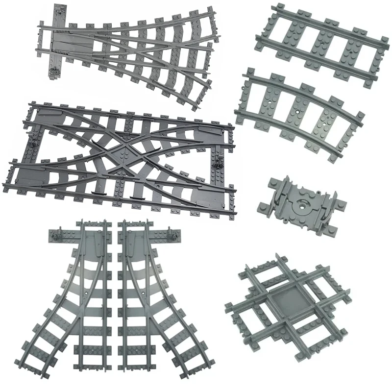 MOC City Train Tracks Curved Railway Building Block Bricks Crossing Switch Flexible Forked Uphill Straight Creative DIY Toys