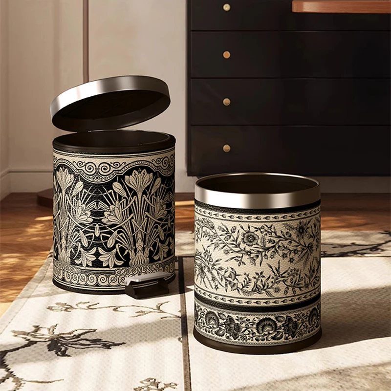 

Vintage Leather Trash Bin, French Style Covered Waste Basket, Retro Living Room Paper Basket, Foot-Pedal Design for Home,Office