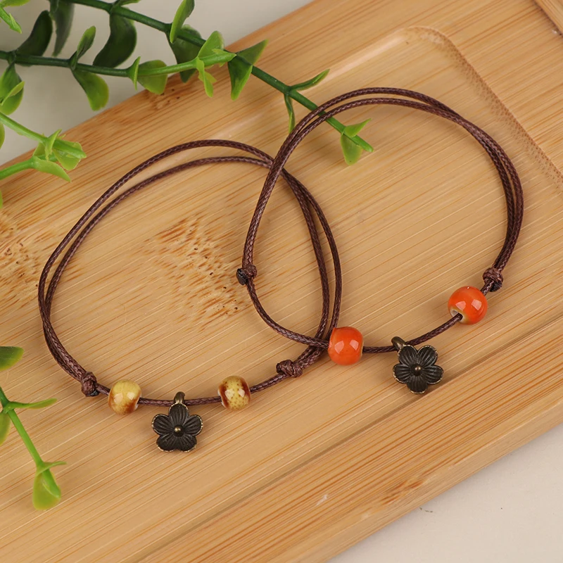 1pcs Adjustable Simple Ceramic Braided Bracelet For Women Cute Flower Beaded Wrist Rope Party Charm Jewelry Gift