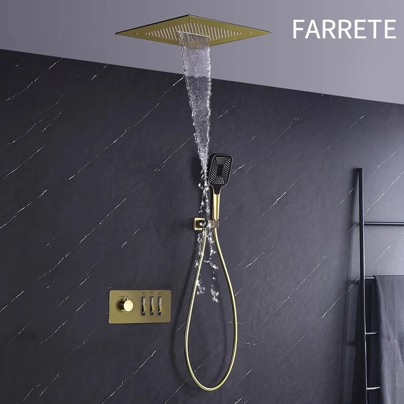 

FARRETE luxury brushed gold recessed thermostatic showerhead set hidden embedded concealed ceiling-mounted waterfall shower