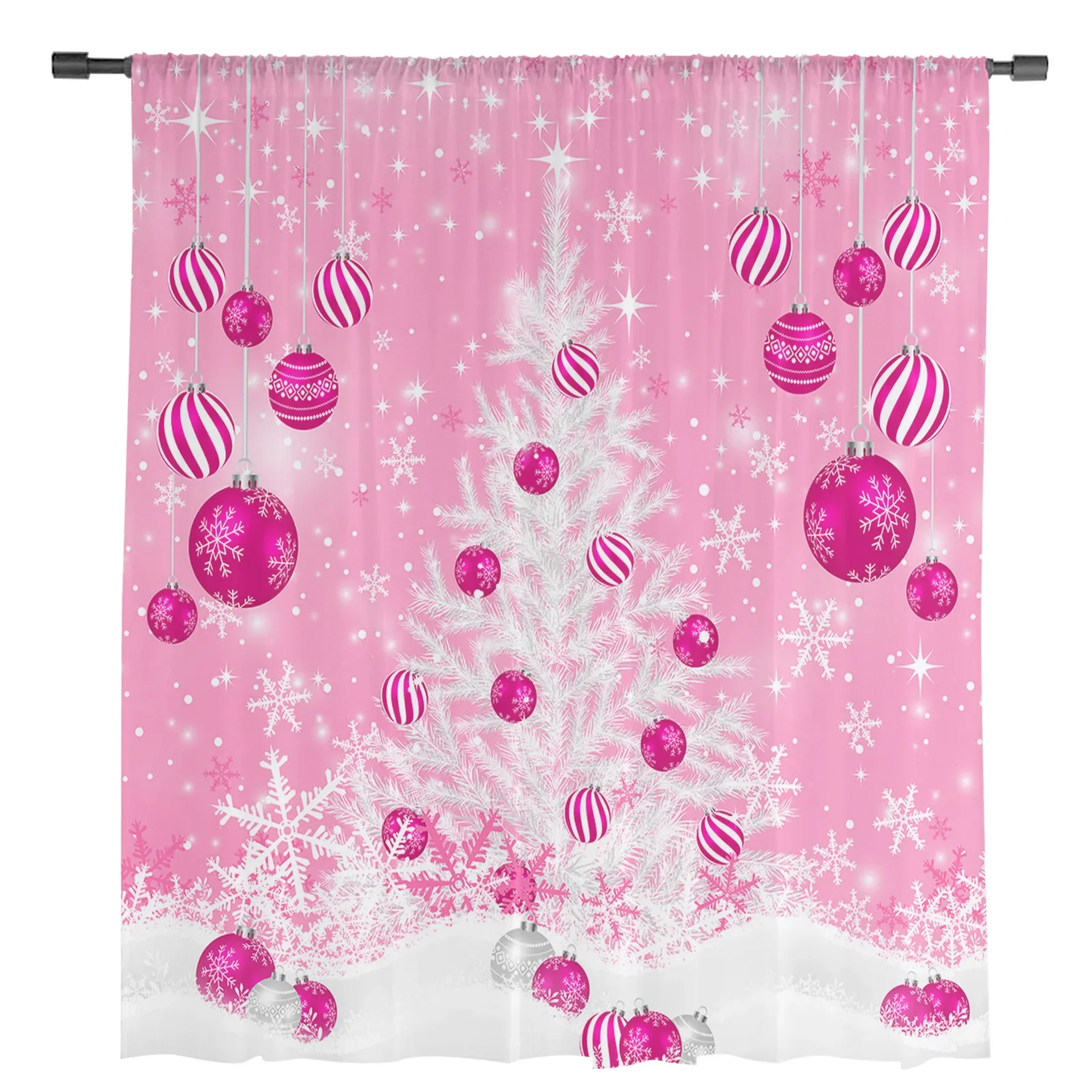 Winter Pink Christmas Ball Christmas Tree Snowflake Sheer Curtains Living Room Bedroom Kitchen Decor Window Voiles Tulle Curtain