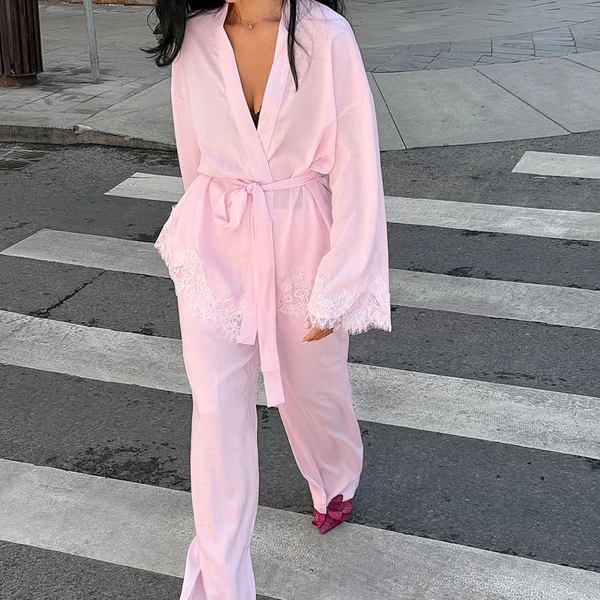 HiLoc Pink Fashion Woven Women'S Pajamas Two-Piece Long Sleeve V-Neck Lace Wrap Lace Short Robe Elastic Waist Full Length Pants