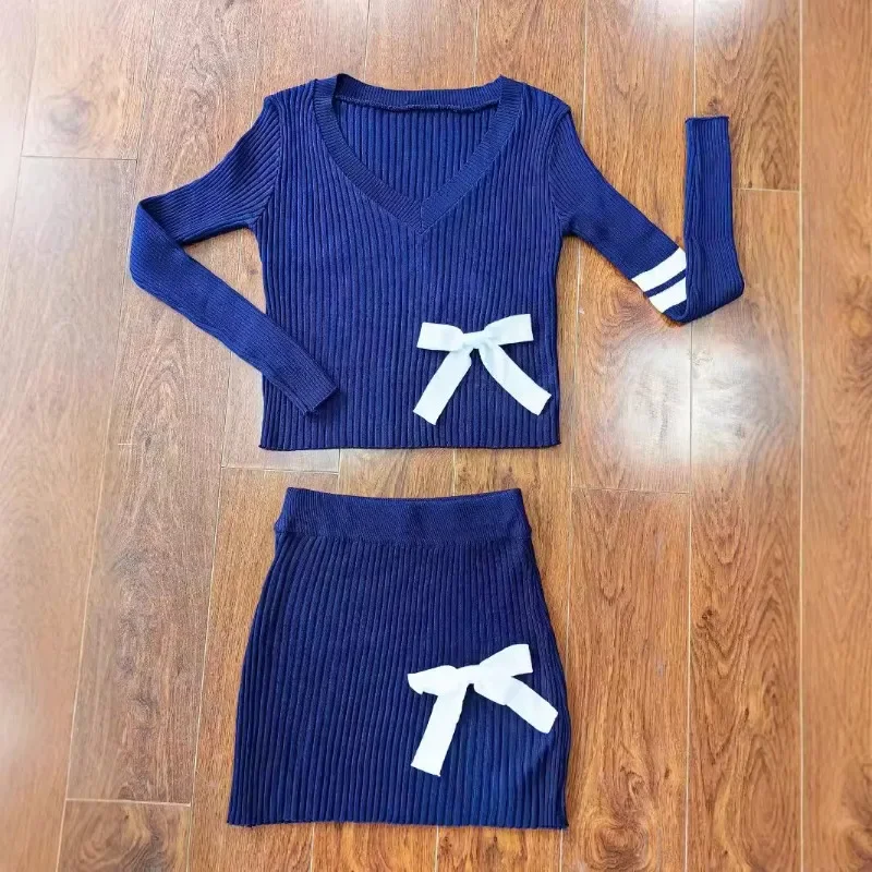 

KEXU Women Bodycon Mini Skirt + V Neck Long Sleeve Crop Top 2024 Fall Streetwear Sexy Party Two 2 Piece Dress Sets Outfits