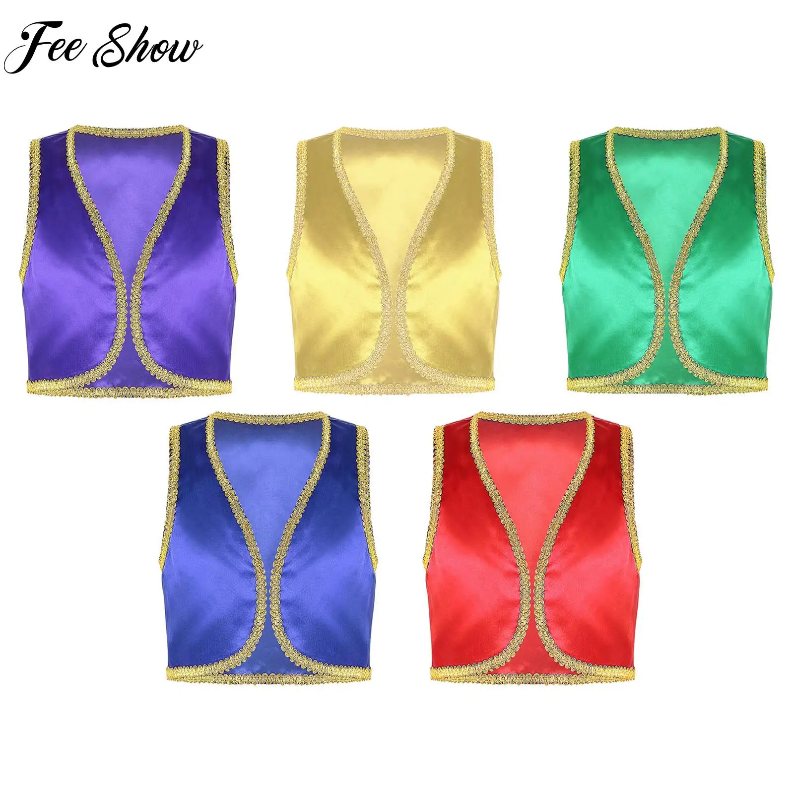 

Kids Boy Fairytale Cosplay Waistcoat Dress Up Costumes Open Front Golden Braided Trimmings Vest for Halloween Performance Party