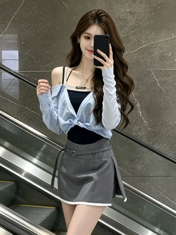 

Shoulder Bared Short Blue Sun Protection Top with Long Sleeve Vest Fake Two Piece Design Korean Style Breathable Casual Shirt
