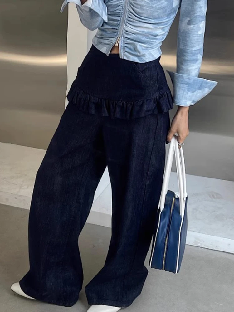 Eleganckie jeansy damskie w stylu vintage z wysokim stanem, kwiatowym wykończeniem, imitacja dwóch części, proste nogawki, casualowe spodnie z wysokim stanem i szerokimi nogawkami.
