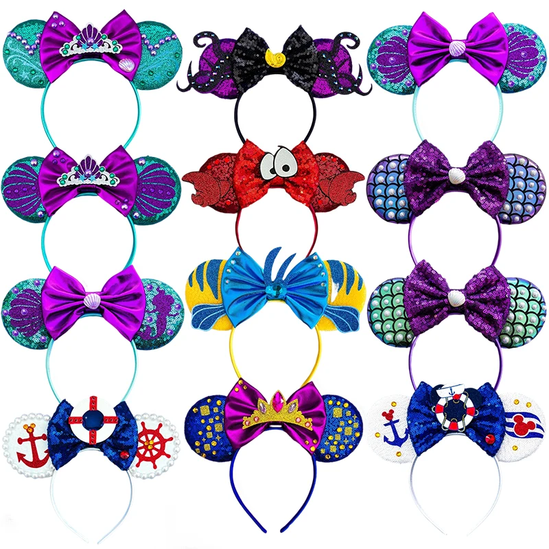 

Disney The Little Mermaid Headband Mickey Mouse Ears Headbands For Girls Kids Ariel Hairbands Women Sequins Bow Hair Accessories