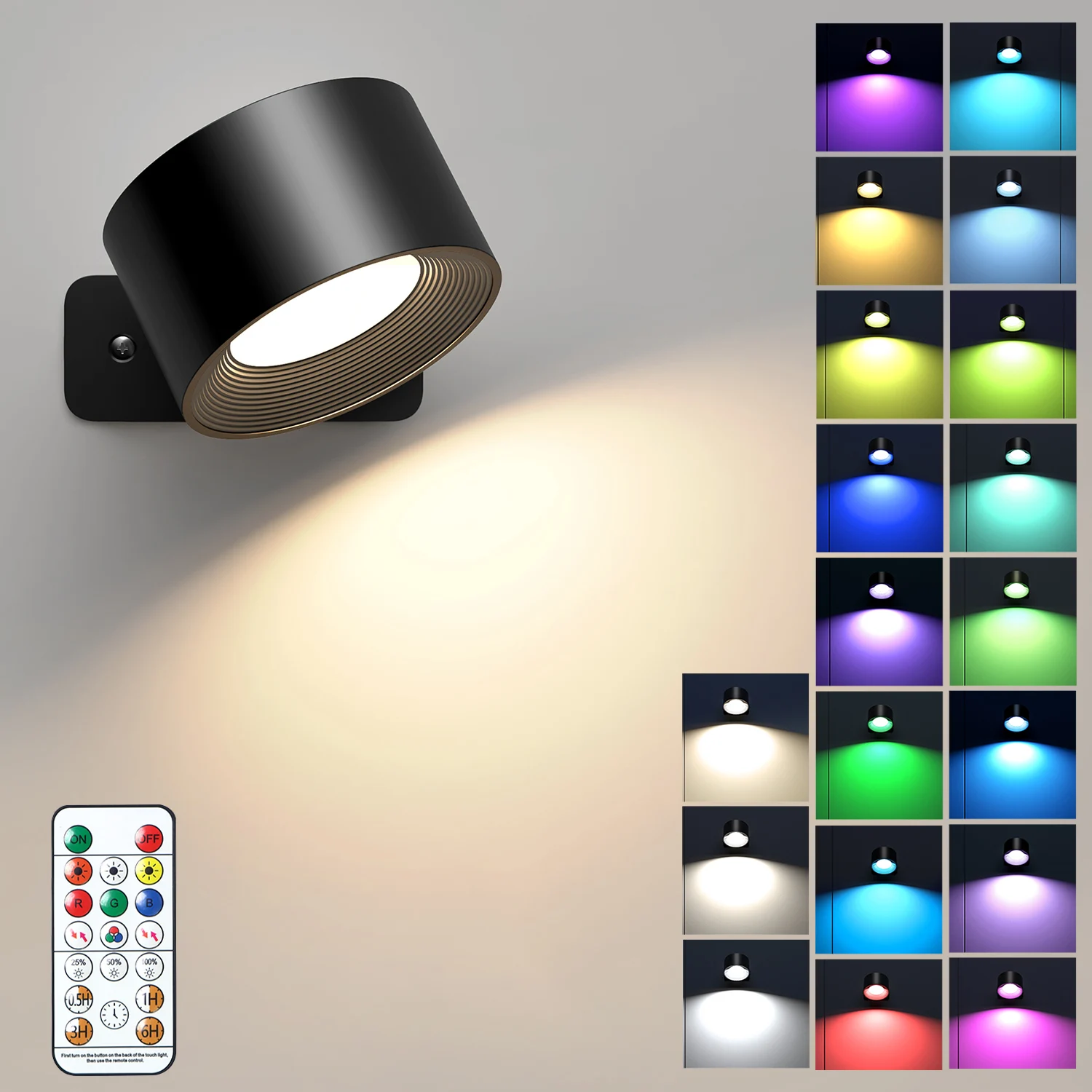 LED Wall Sconce 19 RGB Colors Dimmable, Rechargeable Wall Sconces Battery Operated Picture Light, Touch & Remote Control, 360° R