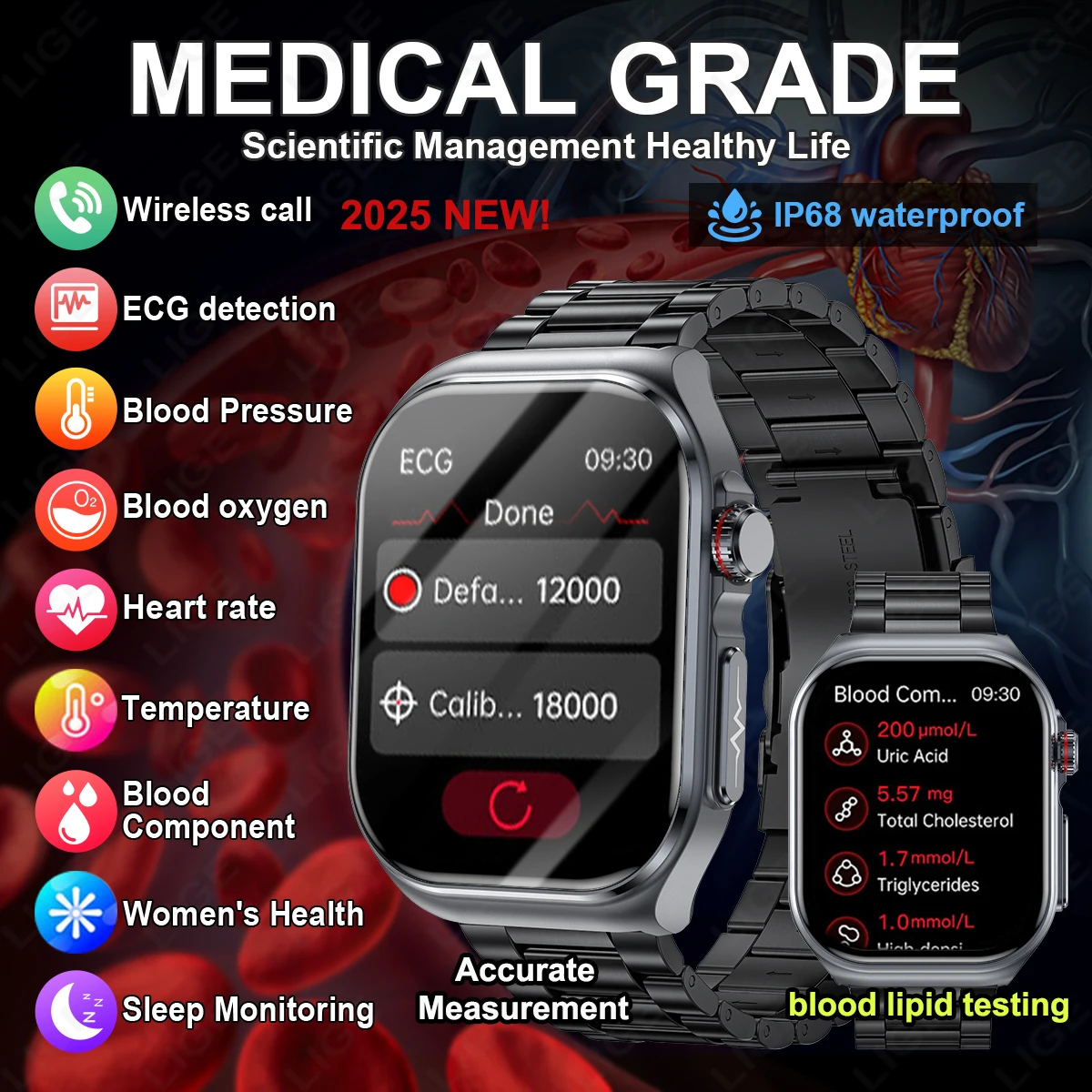 

LIGE 2025 New Uric Acid Blood Fat Health Smartwatch Men ECG Heart Rate Blood Pressure Health Monitor Smart Watch Medical Grade