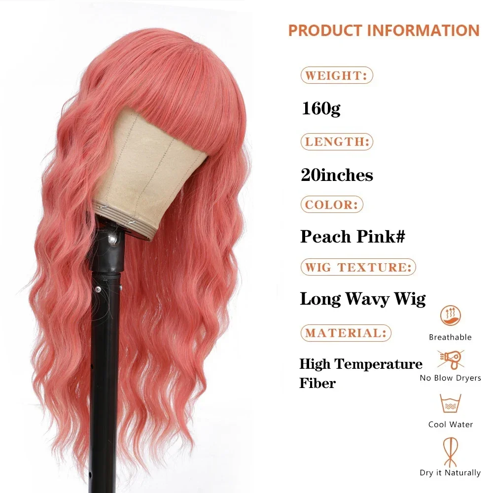 X-TRESS Synthetische, pfirsichrosa, gewellte Perücke mit Air Bangs, 50,8 cm, Pastell-Pfirsichwellen-Locken-Cosplay-Lolita-Perücke für den täglichen Gebrauch von Mädchen