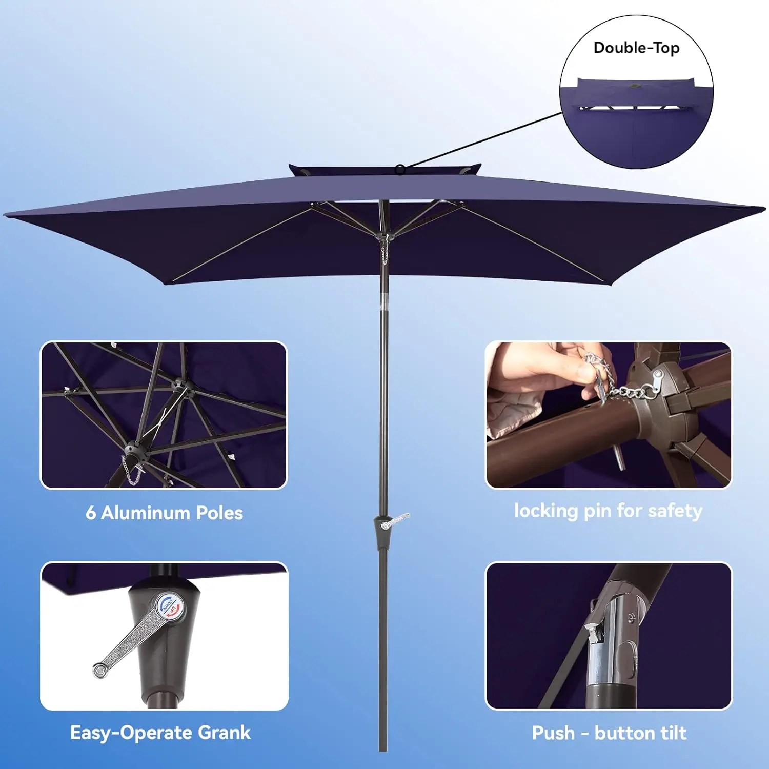 Прямоугольные зонты для патио 6,6x10 футов, 2-х ярусный уличный настольный зонт с кнопкой наклона и рукояткой для бассейна, заднего двора, террасы