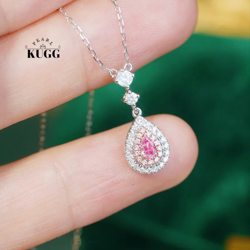 

KUGG 100% 18K White Gold Necklace Fashion INS Style Real Natural Pink Diamond Pendant Necklace for Women High Wedding Jewelry