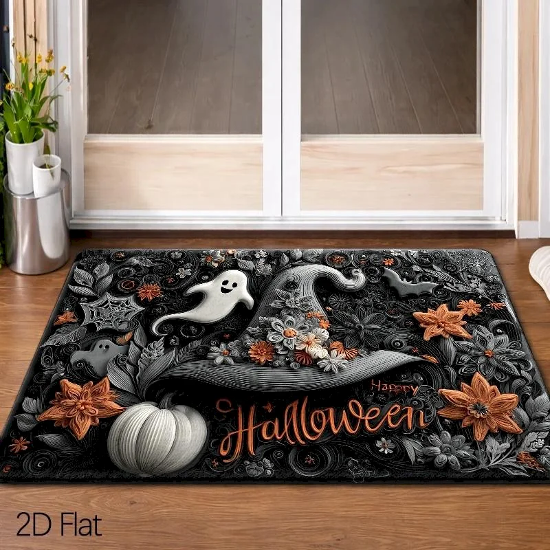 VIKAMA Halloween Happy Ghost Witch Hat Door Mat Soft And Absorbent Floor Mat Pumpkin Bat Printed Carpet Home Decoration