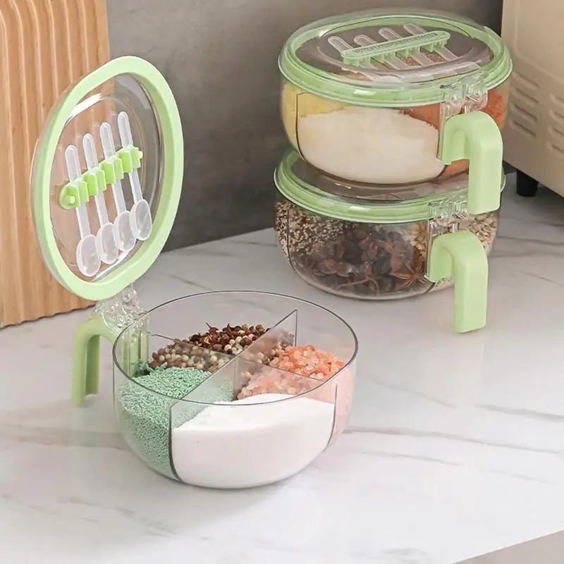 New 4-compartment Plastic Seasoning Box With Lid Equipped With Spoon Seal Moisture-proof Condiment Storage Box Kitchen Tools