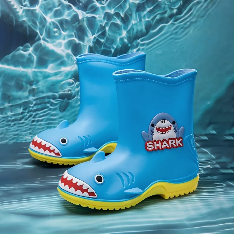 Children\'s rain boots with cartoon shark pattern water shoes, non slip, durable, waterproof, soft sole, high top rain shoes