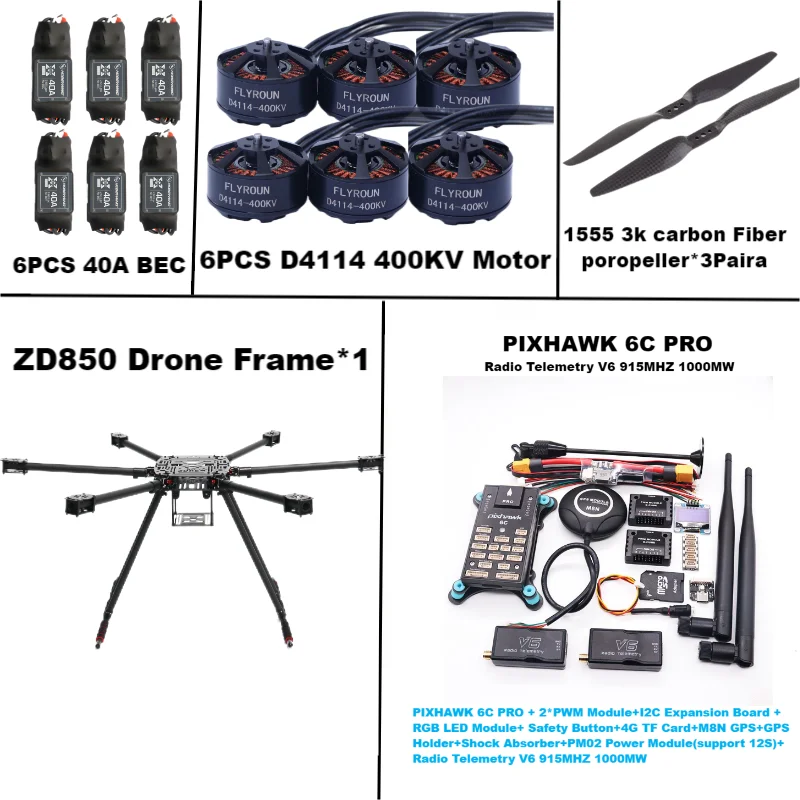 Rctosky ZD850 6C PRO M8N Fibra de carbono completa 850mm Estrutura hexa-rotor BLHELI 40A ESC Conjunto de telemetria Rado de controle de voo