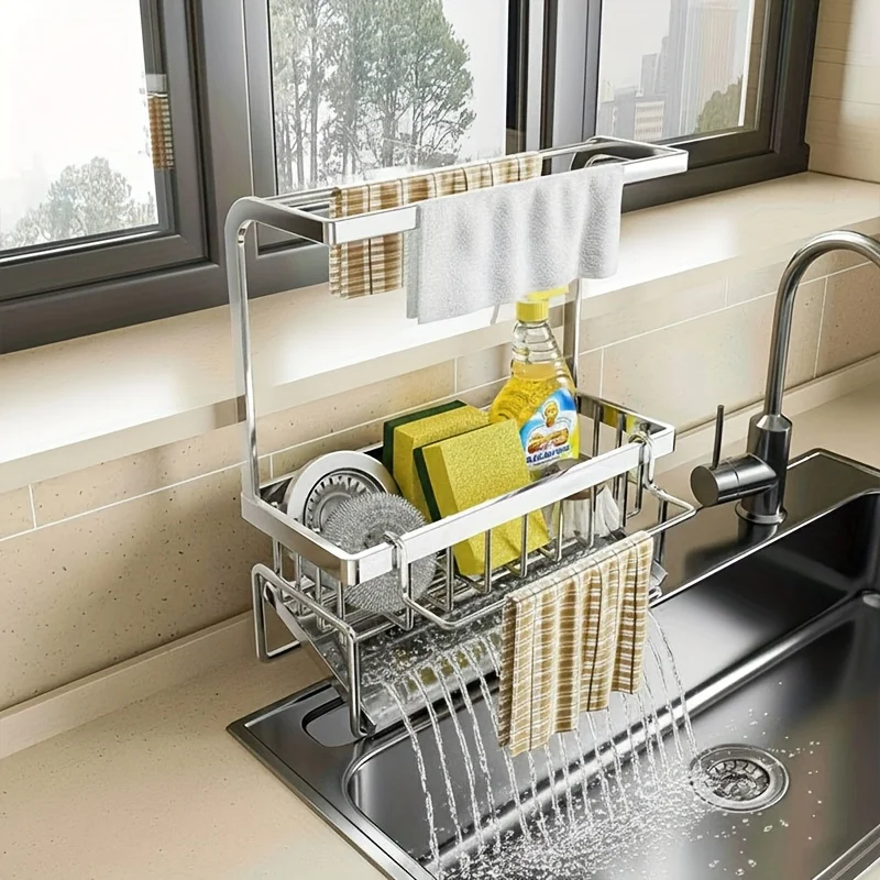 

Стеллаж для хранения кухонной раковины из нержавеющей стали с полкой для губок, перегородка для полотенец, антикоррозийная стойка для столешницы, кухонный органайзер