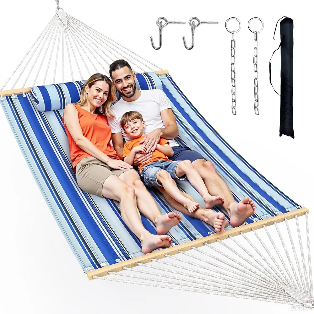 

Portable Aqua Blue Double Hammock with Spreader Bar and Pillow, Supports Up to 500lbs for Outdoor, Camping, and Backyard Use