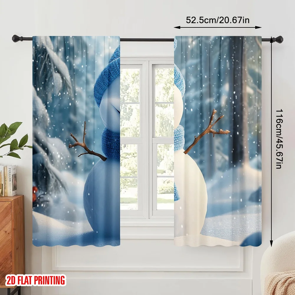 2pcs,2D plane printing Pattern Curtains Cute Snowman Winter Forest_a (3) Versatile Fabric (without rod) Holiday for Living Room,