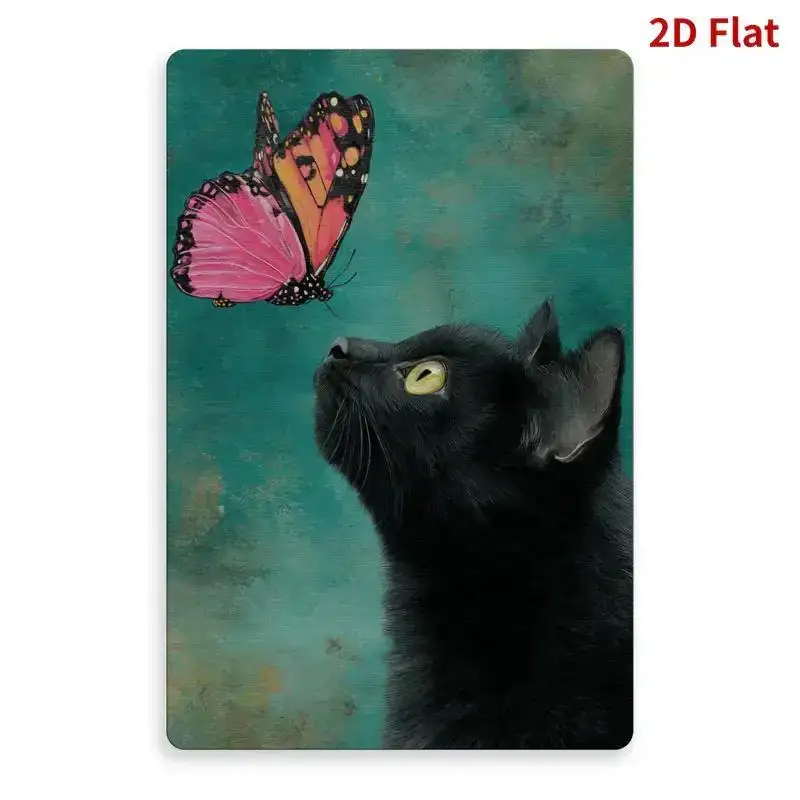 Peinture and étain Plate 2D 1-Pièce, Peinture and étain Chat Noir et Papillon, Thème Natural, Peinture en Fer Blanc de Printemp