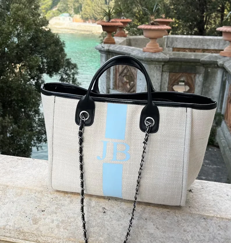 Bolsa de lona con monograma personalizado, bolso de mano a rayas, color crema y negro, inicial personalizada, regalo de boda, playa, novia, compras