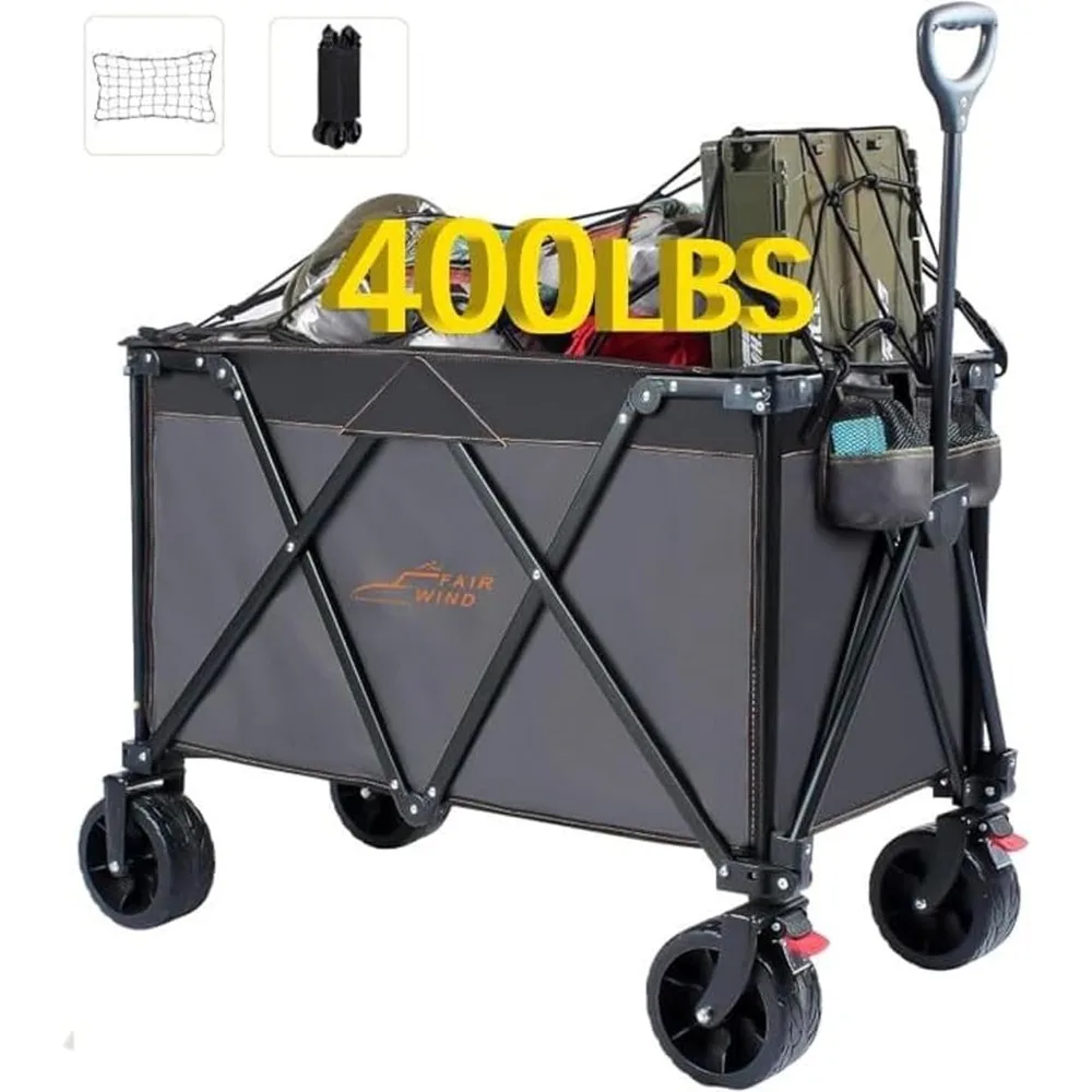 280L Collapsible Foldable , 400LBS Capacity Extended Height Wagon with Brakes＆Cargo Net, Heavy Duty with Big All-Terrain Wheels