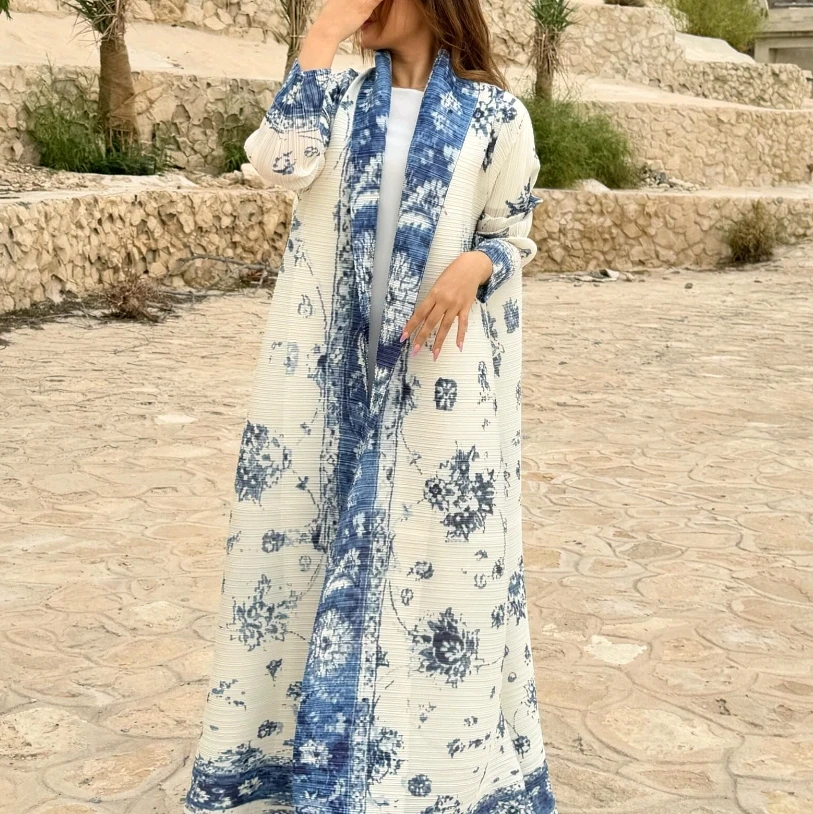 Abaya-abrigo largo plisado con estampado de estilo étnico para mujer, cárdigan largo con cordones y solapa grande para primavera/verano 2024