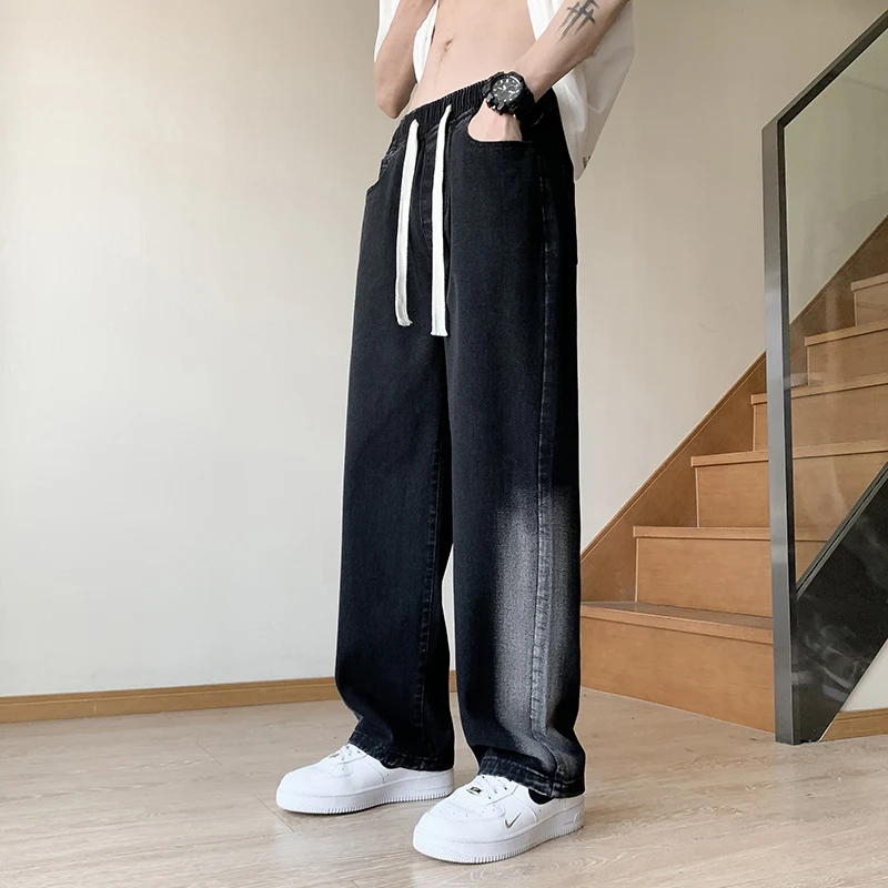 Casual Men's Cotton Drawstring Waist Jeans Hip Hop Streetwear Loose Harem Denim Pants Youth Classic Wide Leg Full-Length Trouser