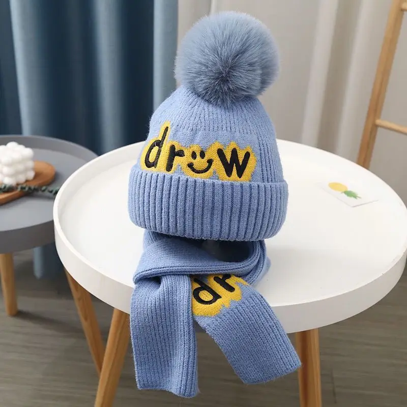 Winter boys and girls thick warm knnited hat scarf Two piece set faux pom poms letter embroidery wool cap fashion beanies cap