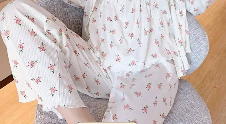 Fdfklak Floral Spring Autumn Pajamas Women\'s Cotton Long-Sleeve 2024 New Home Clothes Three-Piece Suit Pyjama Pour Femme Set