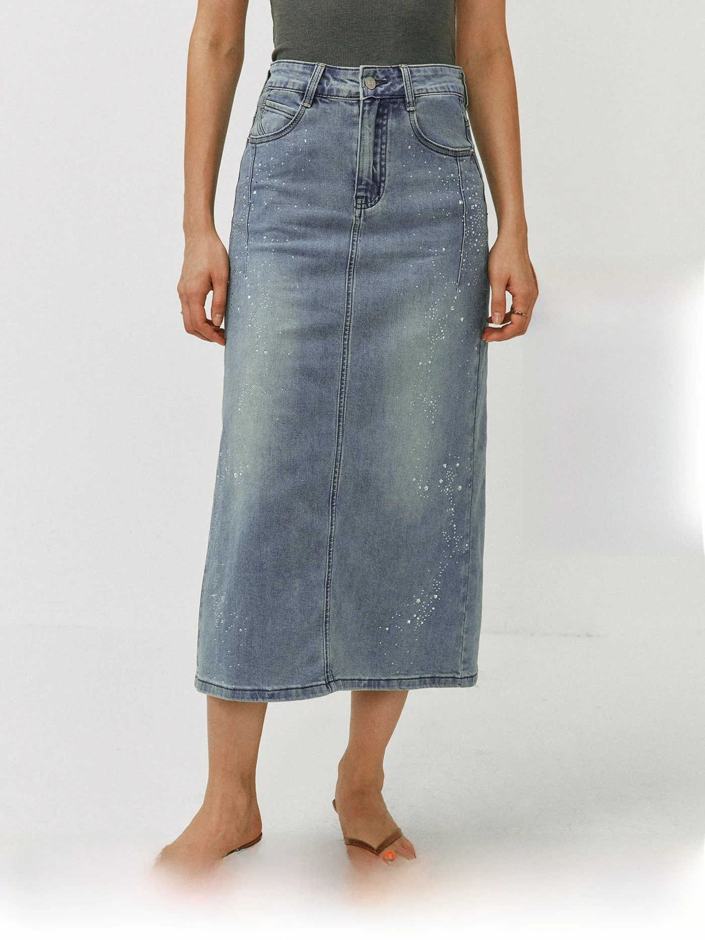 Easy Rice Heavy Duty Rhinestone Denim Half Skirt Versatile Straight H-Shape Mid-Length Half Body Skirt for Women