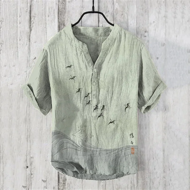 New 2024 Mens Casual Fashion Shirts Vintage Japanese Art Comfortable Cotton Linen V Neck Henley Shirt Hawaiian Vacation