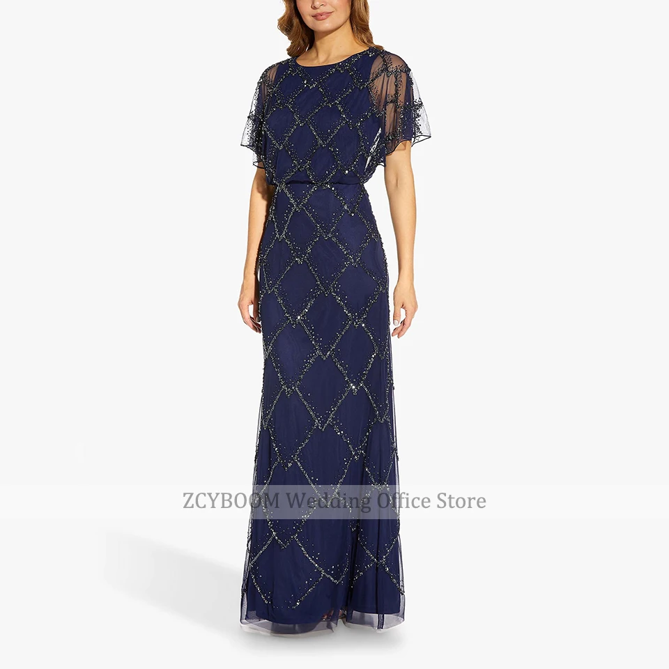 Elegante vestido azul brillante con lentejuelas para madre de la novia, cuello redondo, mangas cortas, hasta el suelo, fiesta de boda, vestidos de noche para invitados, 2023