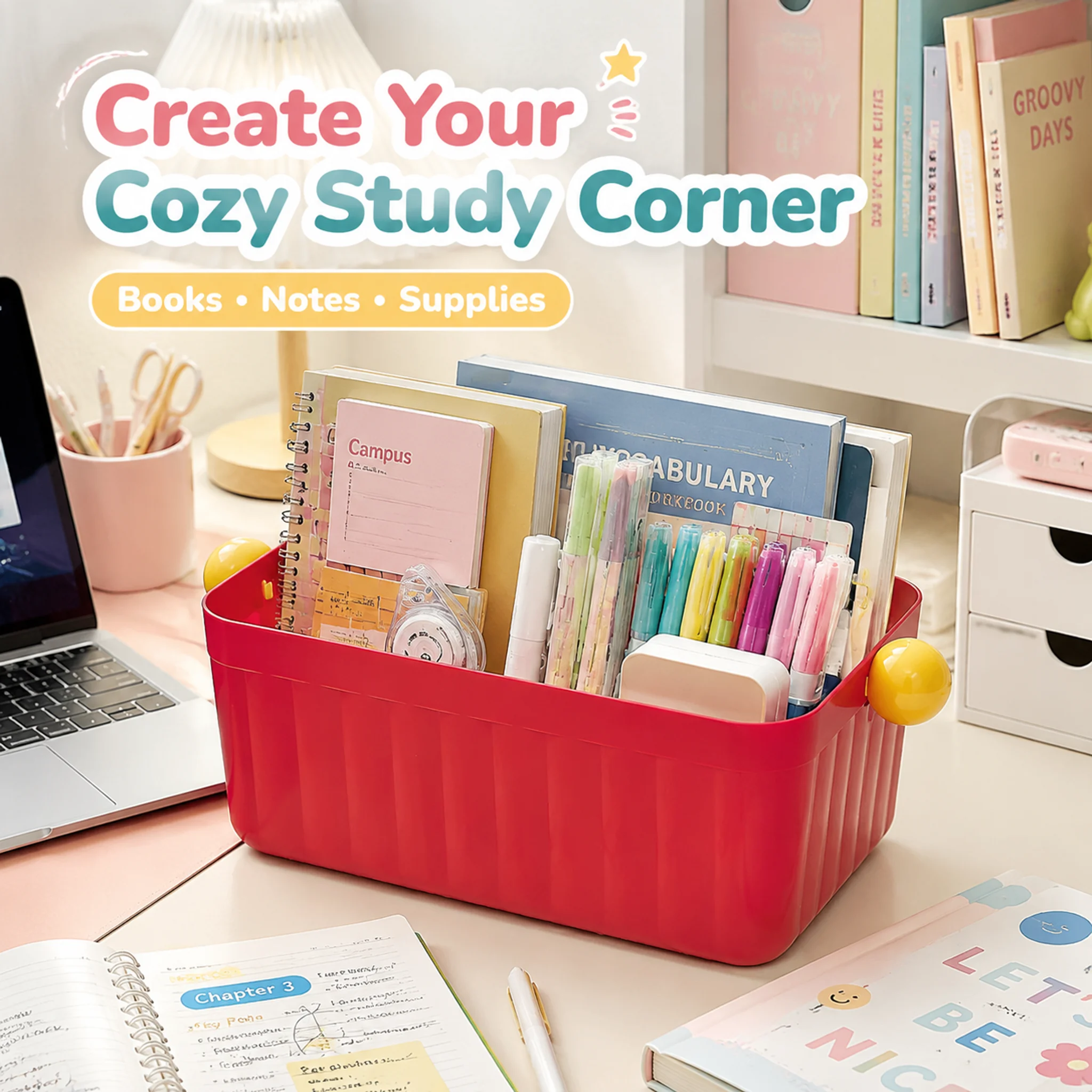 Dopamine Color Plastic Desk Storage Basket, Open Design Organizer Rack for Books, Notes & Supplies, Study Corner Decor Bin