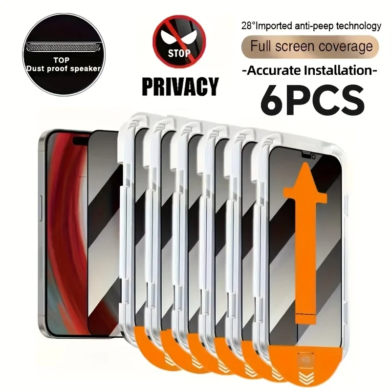 6 Pcs Privacy Tempered Glass Screen Protector Compatible With Iphone 16 15 14 13 12 11 X XS XS MAX XR, Automatic Dust Removal