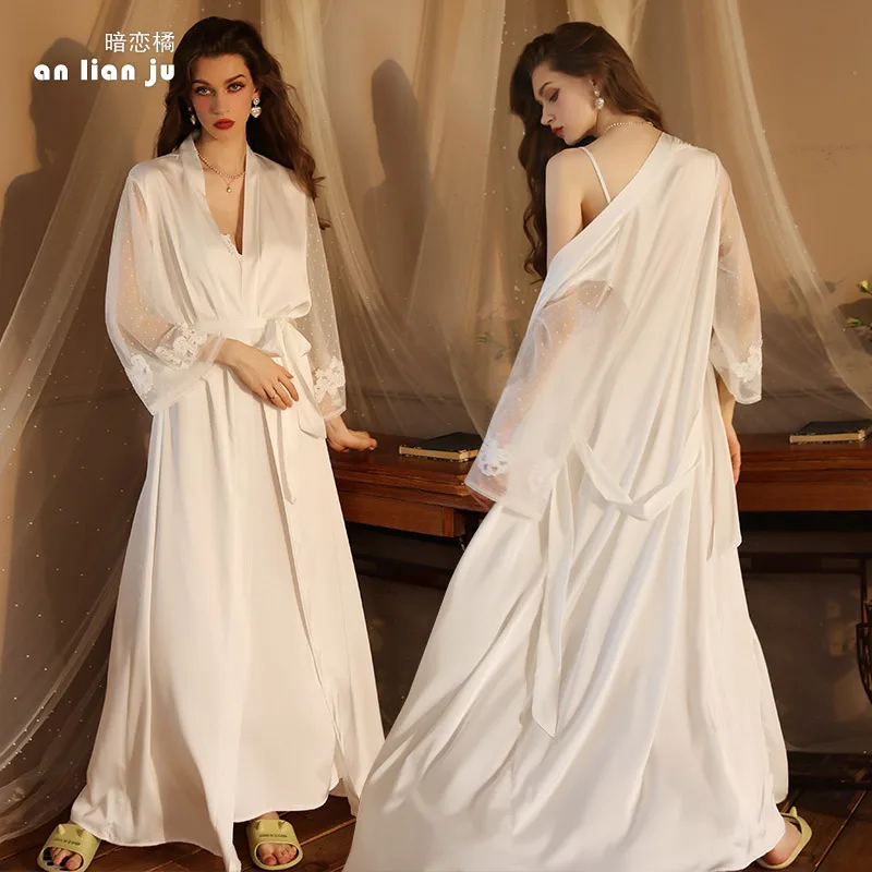 JHJN Sleeping Dress Ladies Extended Version Bathrobe, Pajama, Female Long Sleeved Satin Leisure Wear Pajamas Luxury Brand