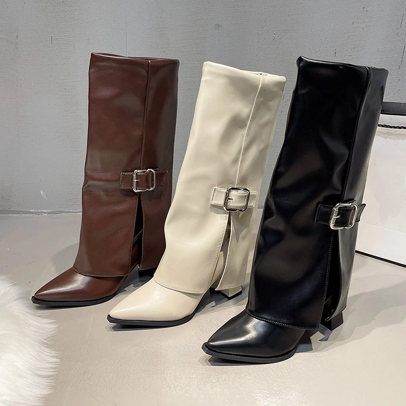 

Block Heel Boots Women No Knee 2025 Autumn Winter Skinny Pointed Toe Sleeve Belt Buckle Trouser Boots