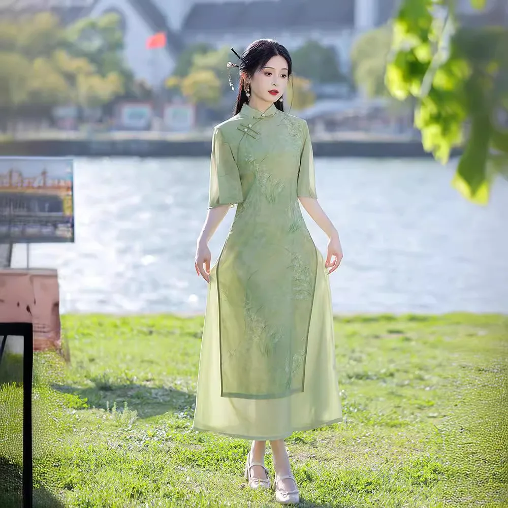 Summer Green Cheongsam New Chinese Style Improved  Tea Dress Orchid Pattern for Young Girls Party Qipao Party Dress CH-089