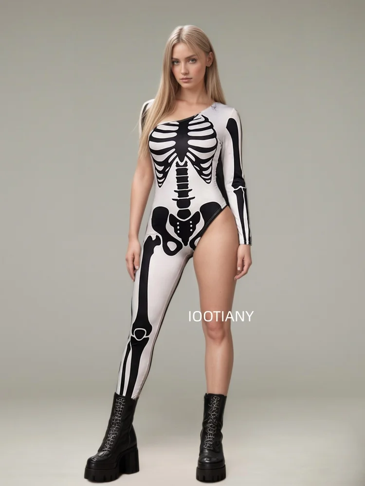 Gotischer Halloween-Skelett-Print-Bodysuit für Damen, One-Shoulder, einlanger Ärmel, asymmetrischer, enger Jumpsuit, Bühnen-Rave-Outfit – Detail 20