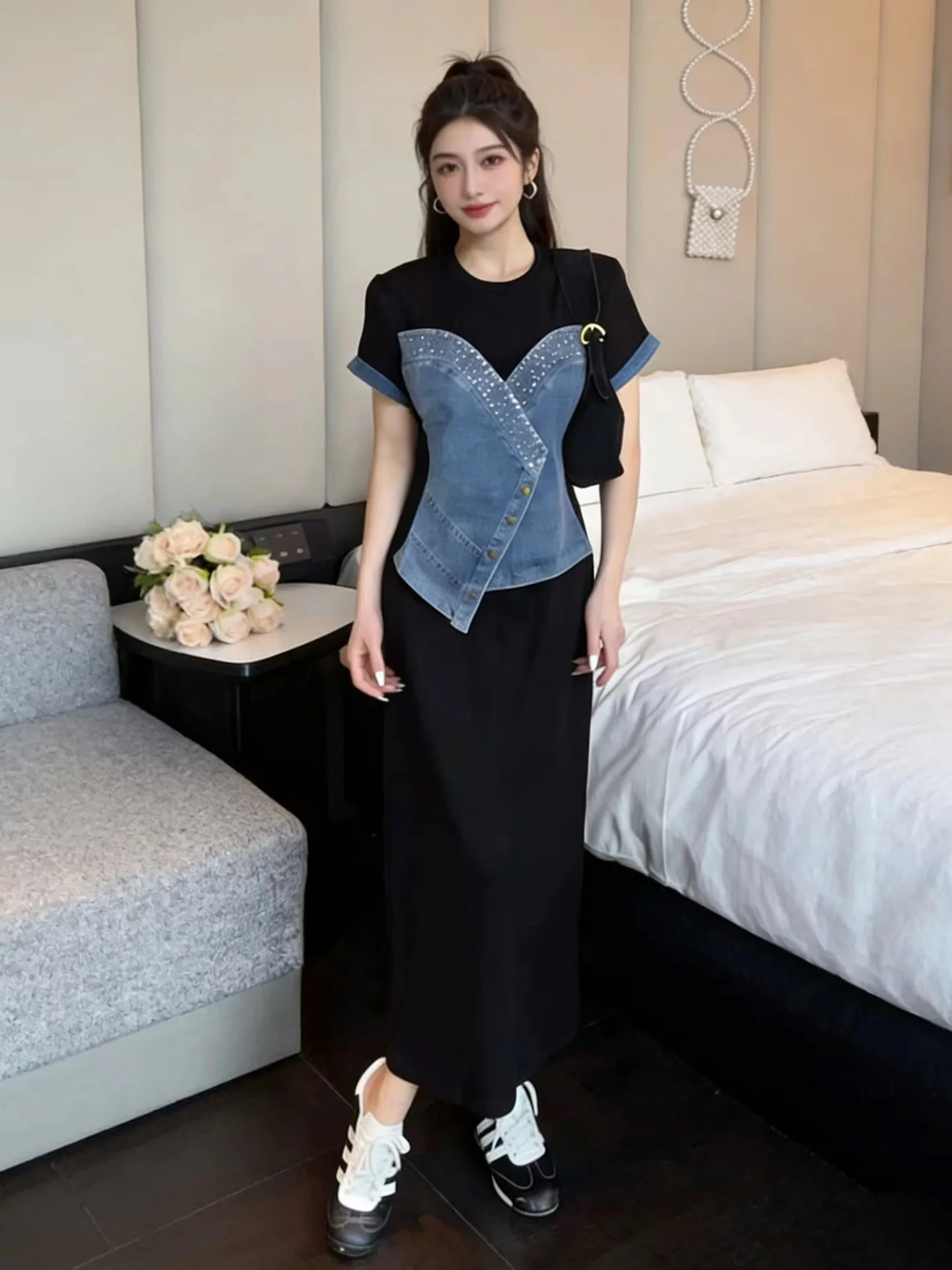 

Elegant Summer New Fashion Heavy Embellished Rhinestone Denim Dress Slim Fit Long Dress Trendy Zipper round Neck Short Sleeve
