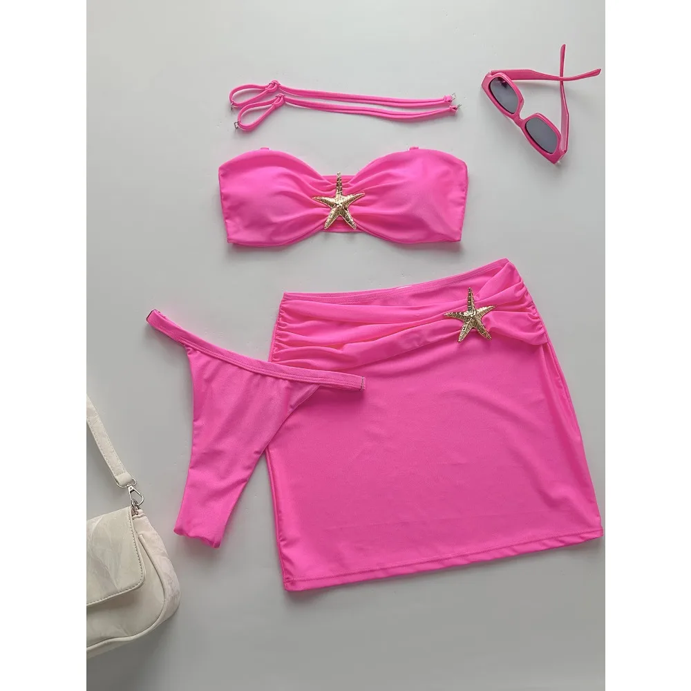 2026 New 3 Pieces Bandeau Bikini Swimsuit with Skirt Women Swimwear Female Sexy Thong Bikinis Beach Wear Swim Bathing Suit Pool