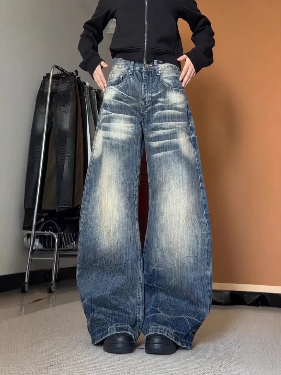 

plus Size American Style Women's Jeans High Waist Wide Leg Washed Denim Pants Tapered Knife for Autumn Winter Slimming