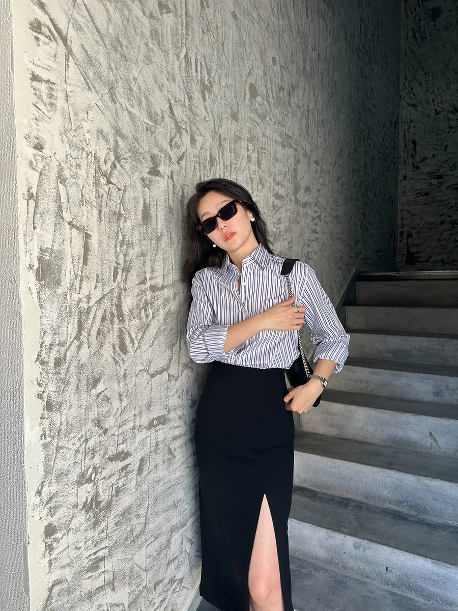 

Ретро-рубашка синяя в полоску, приталенная, женская, с белым воротником, повседневная, хлопковая, для работы, 2024