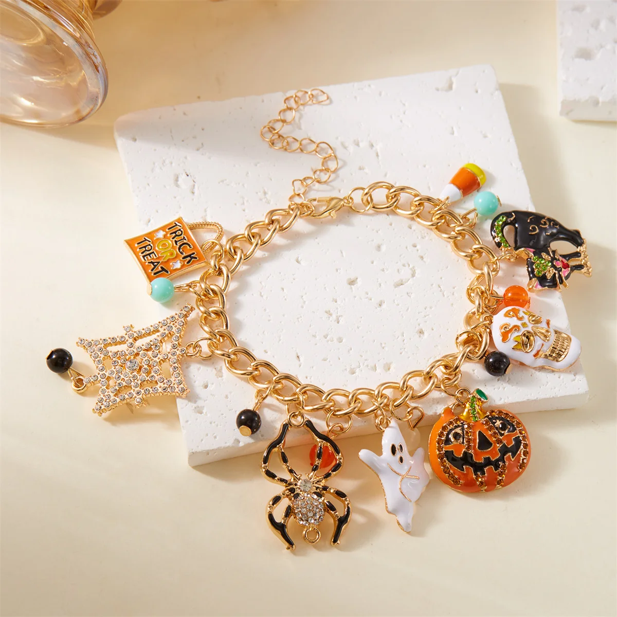 Punk Halloween Spider Ghost Pumpkin Skull Black Cat Chain Bracelets For Women Men Skeleton Cobweb Bracelet Bangle Party Jewelry