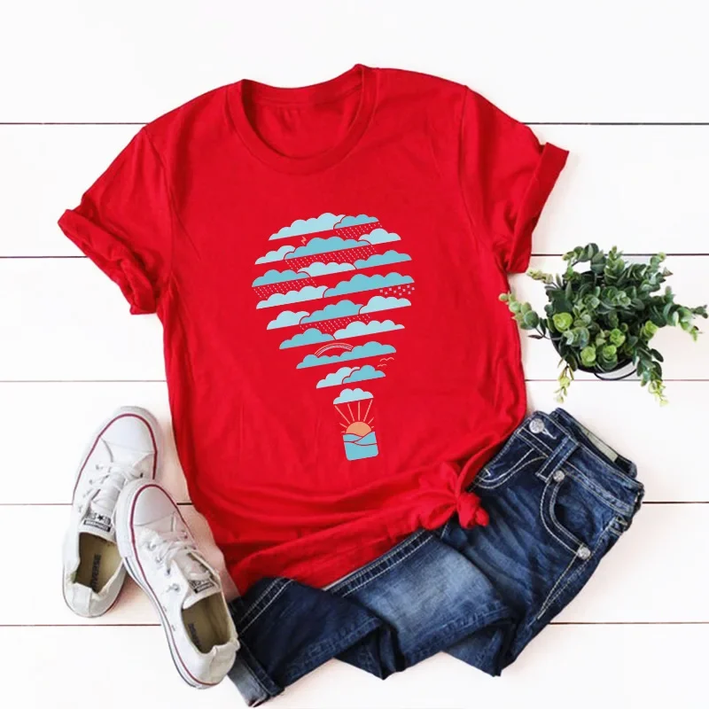 JFUNCY Oversized Women Cotton Tee Shirts Woman Short Sleeve T-Shirt Weather Hot Air Balloon Print Summer Tshirt Female Tops