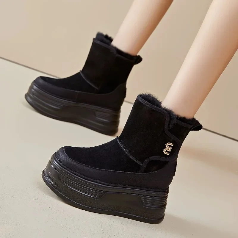 2024 High quality Suede Cow Genuine Leather Platform Wedge Winter Plush Women Boots Hidden Heels Spring Warm Ankle Booties