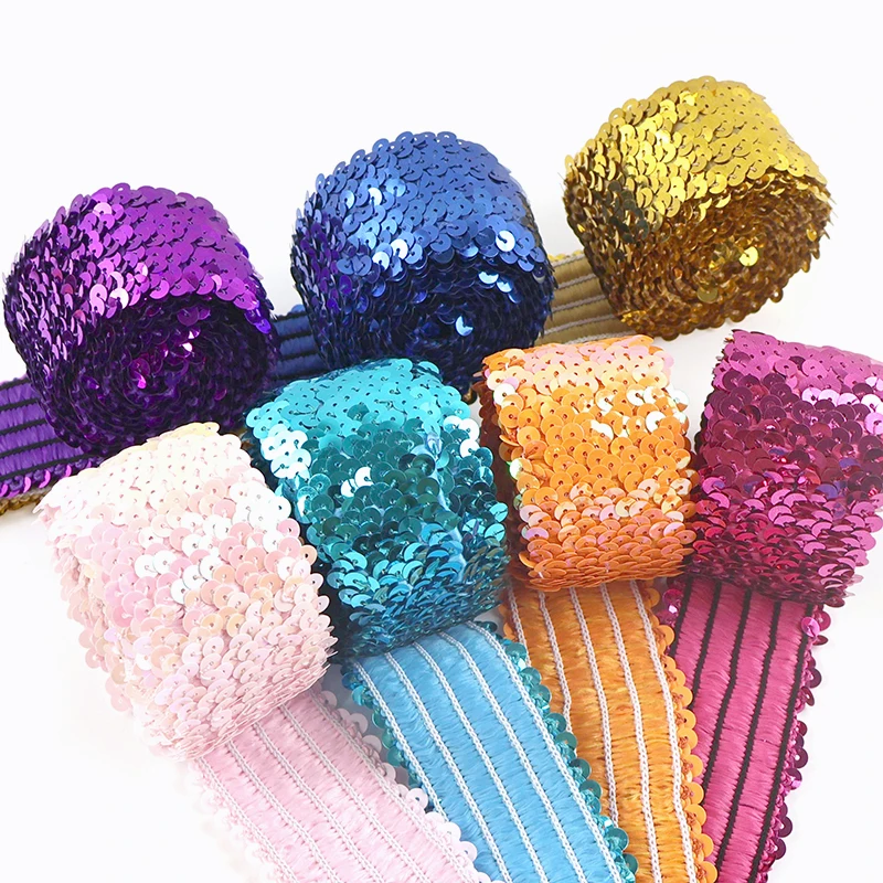 

2/5/10M 45mm Sequin Elastic Lace Trim Stretch Band for Dance Dress Party Costume Glitter Fringe Ribbon Sewing Clothes Trimming