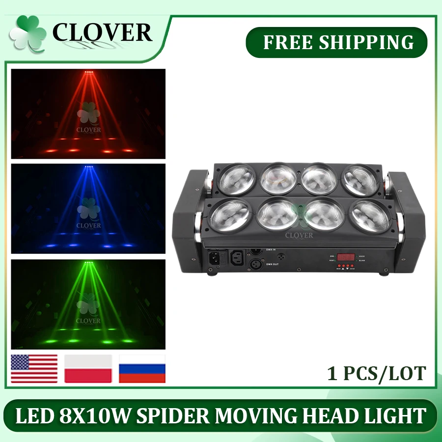 

1Pcs 8X10W Led Spider Light DMX512 Sound Controller LED Moving Head Lights Beam Laser Projector Dj Disco Lighting KTV Lamps RGB